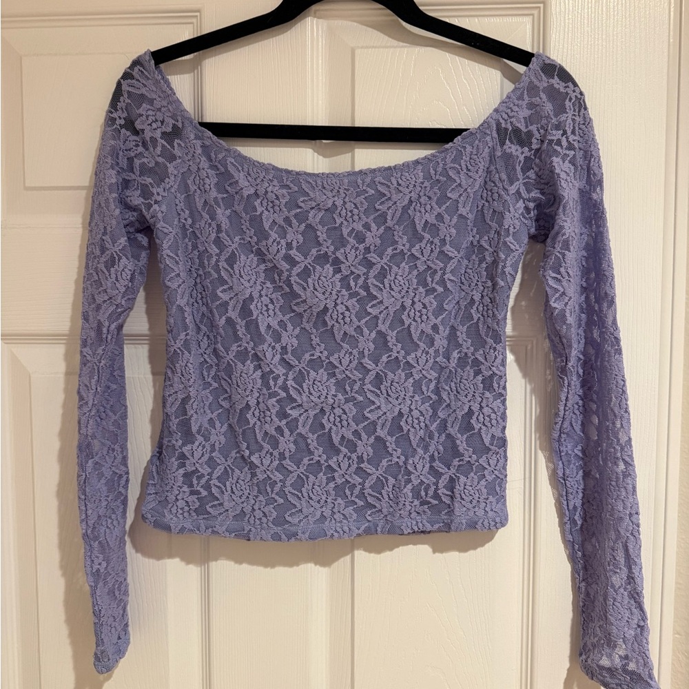 Kimchi Blue Off the Shoulder Lace Floral Lavender Top - Picture 3 of 9